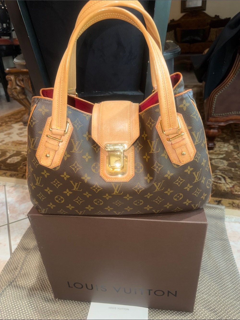Louis Vuitton Brown Monogram Canvas Shoulder Bag with Tan Leather Trim